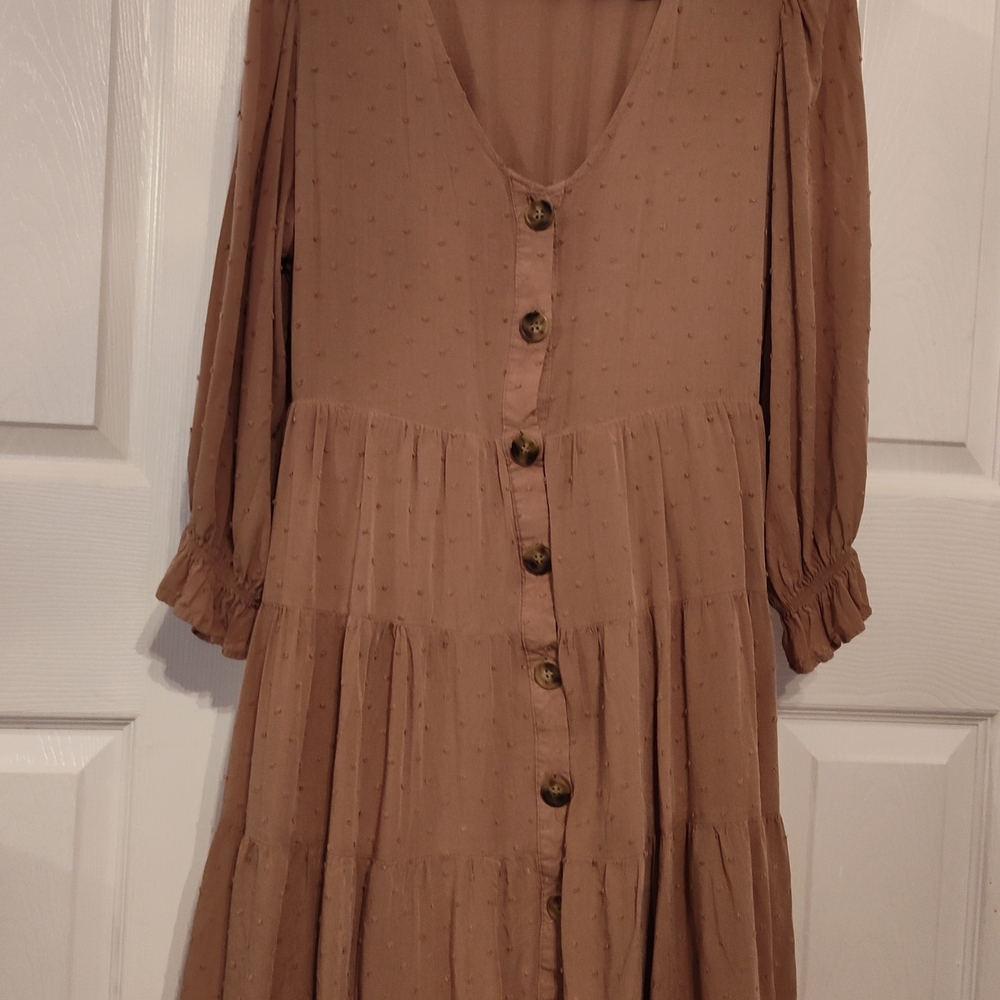 Brown Ruffled V-Neck Long Sleeve Sundress